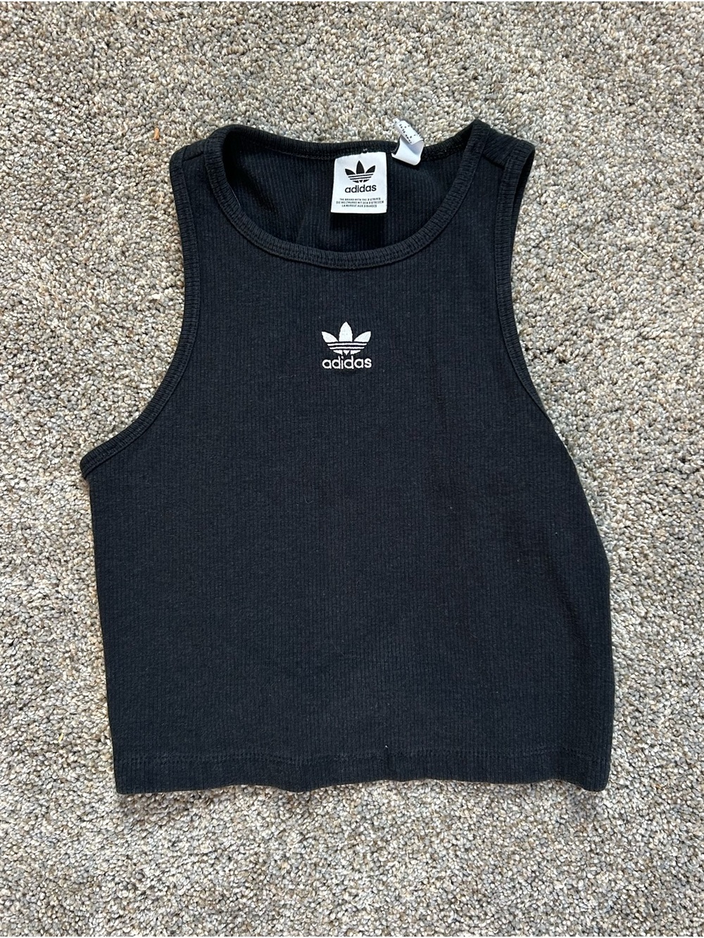 Adidas Black Ribbed Cropped Tank with Trefoil Logo - Small